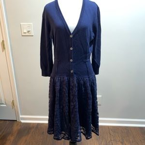 Pink Tartan navy blue knit and lace dress long sleeve large drop waist sweater